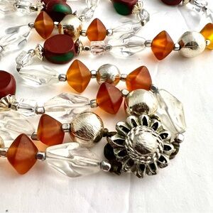 Double Strand Retro Beaded Necklace Orange Silver Clear Freeform Floral Clasp